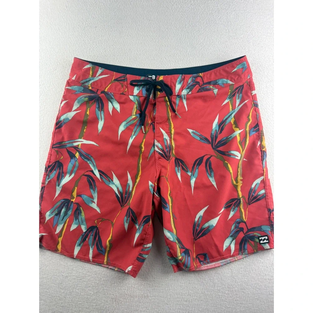 Billabong Sundays Pro Board Shorts Mens 33 Red Tropical Bamboo Leaf Recycler